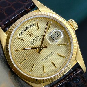 ROLEX MEN'S DAY-DATE GOLD WATCH CHAMPAGNE TAPESTRY DIAL FLUTED BEZEL 36MM 18038